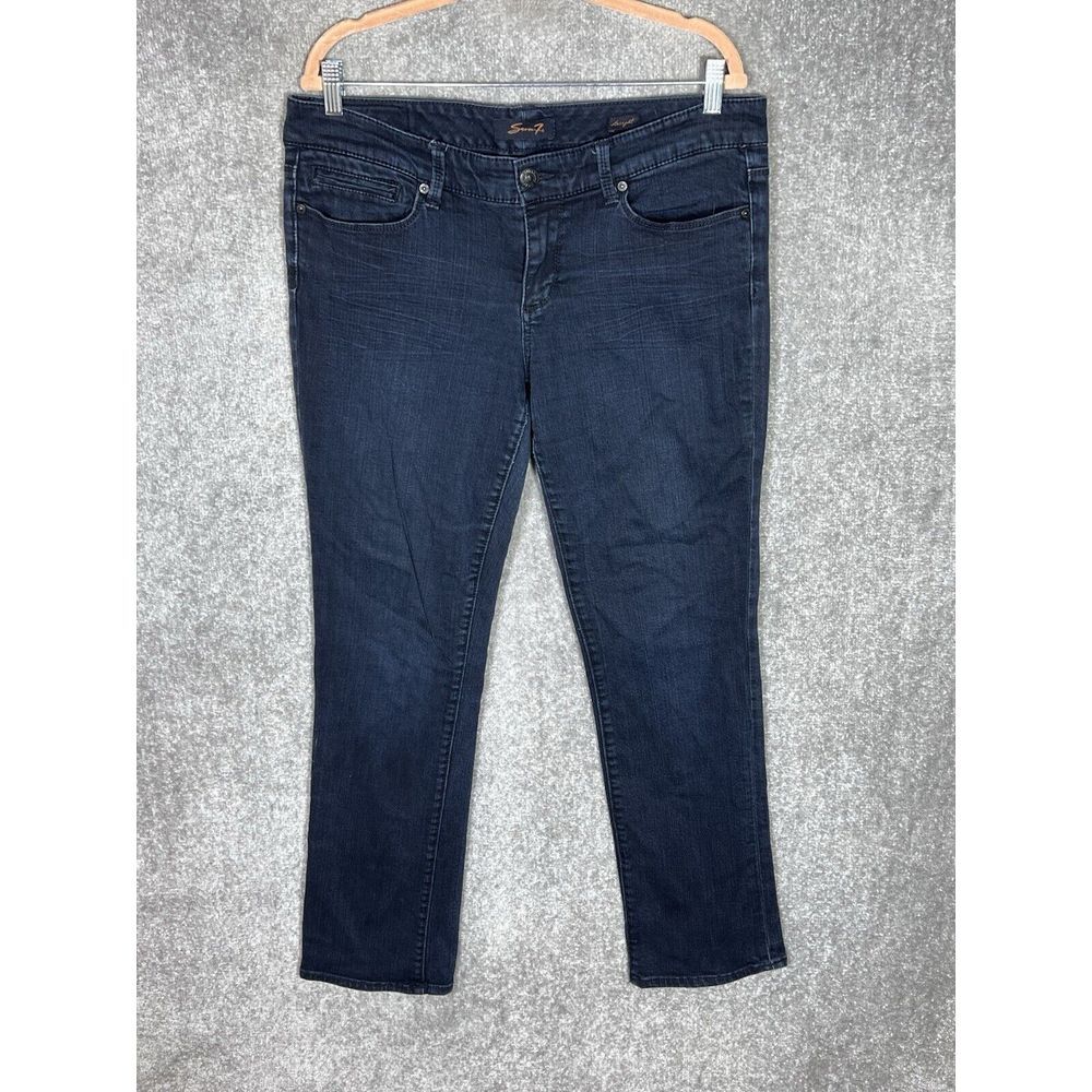 Seven7 Jeans Womens Size 12 Blue Dark Wash Distressed Denim Straight Leg Stretch